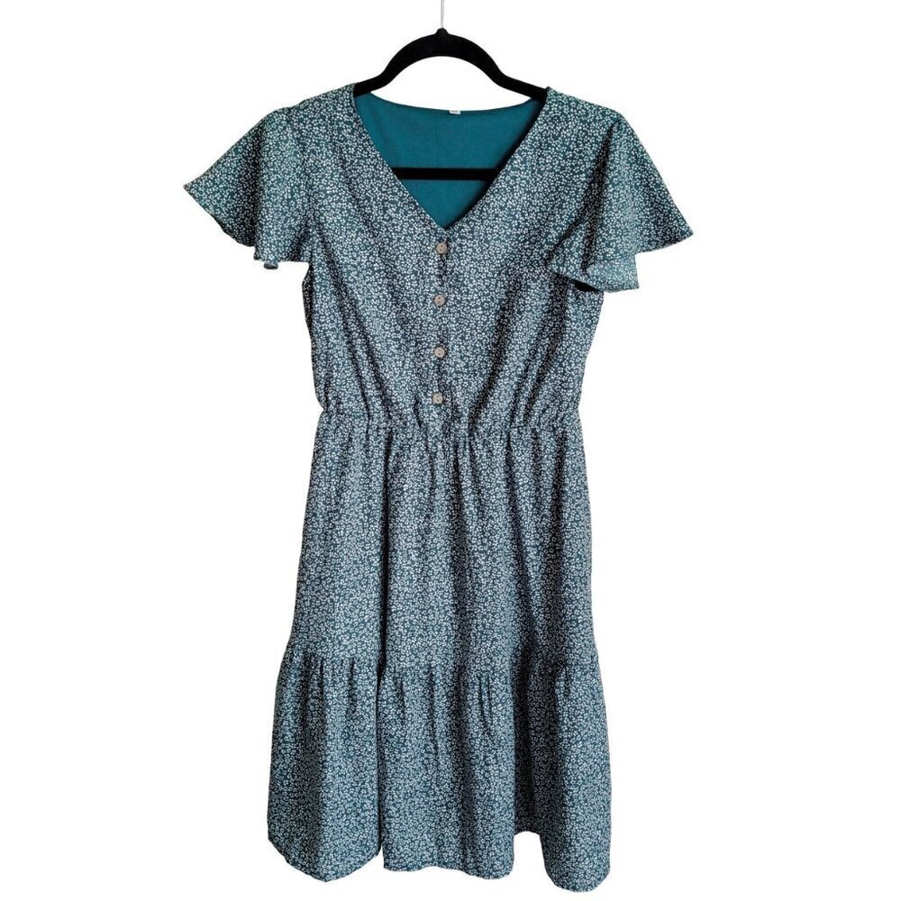 NWOT Teal Peasant V-Neck Boho Floral Ruffled Hem Wooden Button Midi Dress